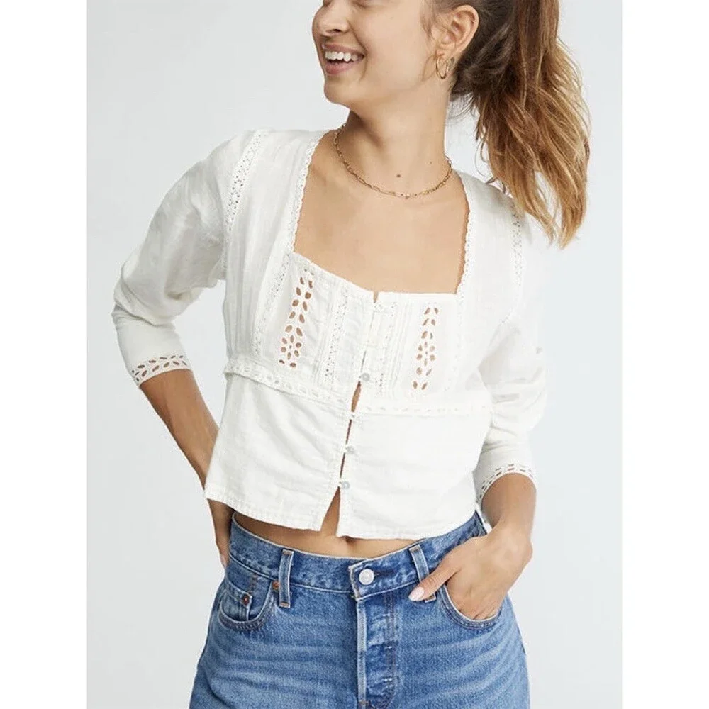Free People Joi Eyelet Crop Blouse Boho Cottagecore Poetcore White M
